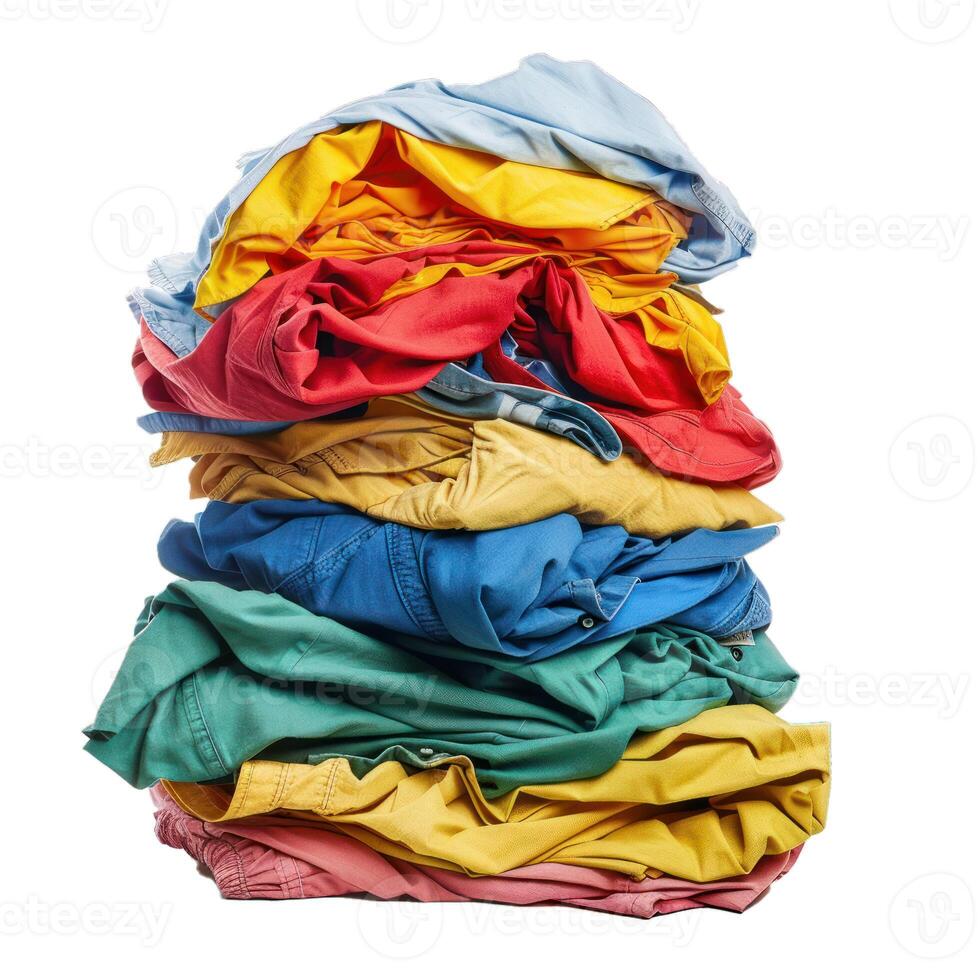 Stack of colorful clothes waiting to be folded photo