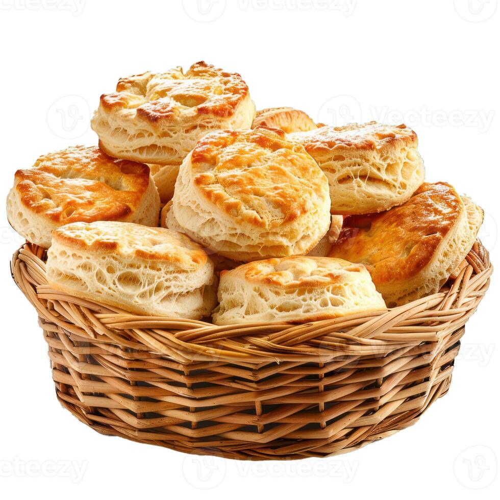 Wicker basket overflowing with freshly baked buttermilk biscuits photo