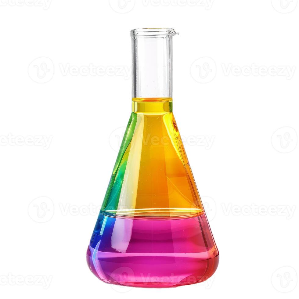Laboratory glassware containing multicolored liquid on white background photo