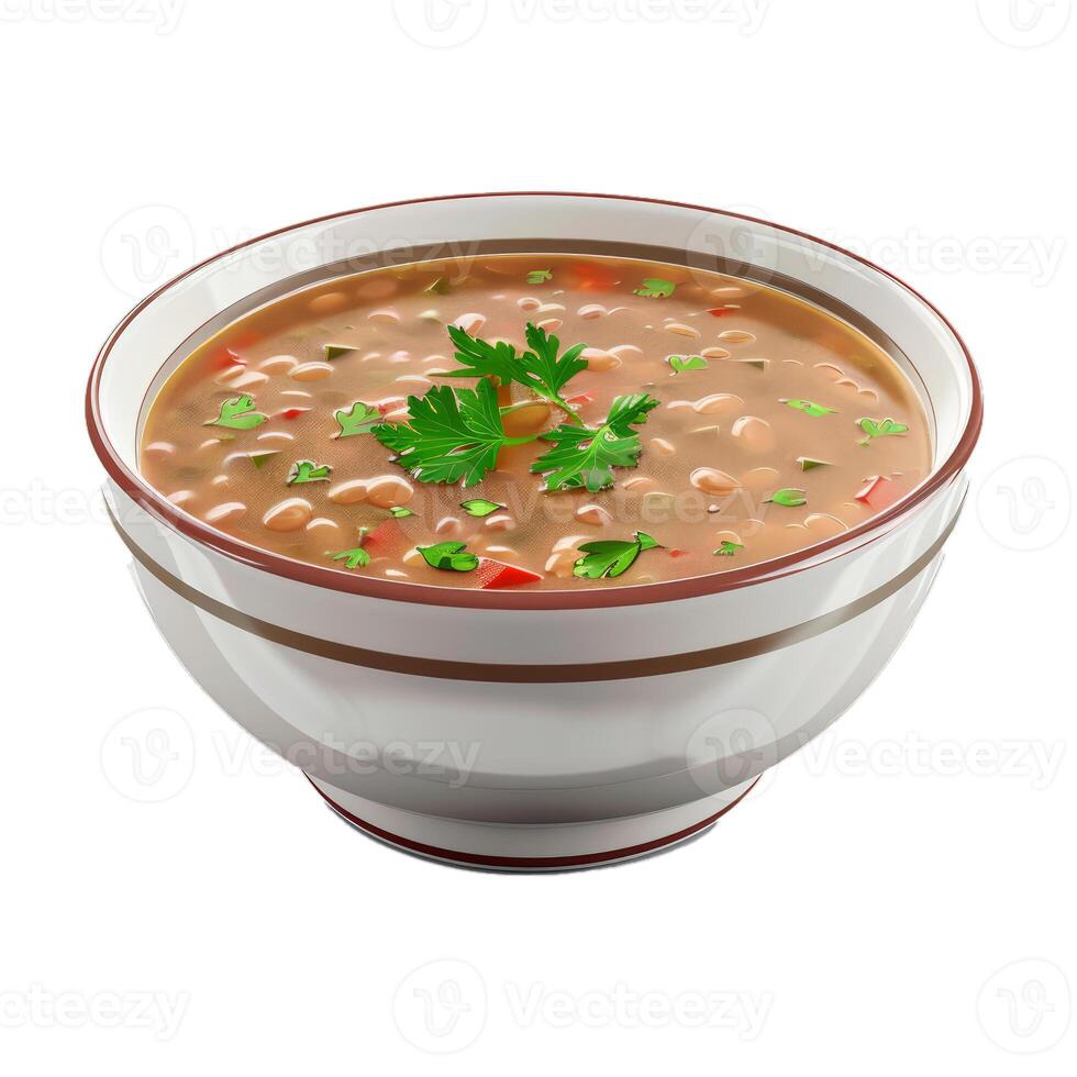 Steaming bean soup garnished with fresh parsley in rustic bowl photo