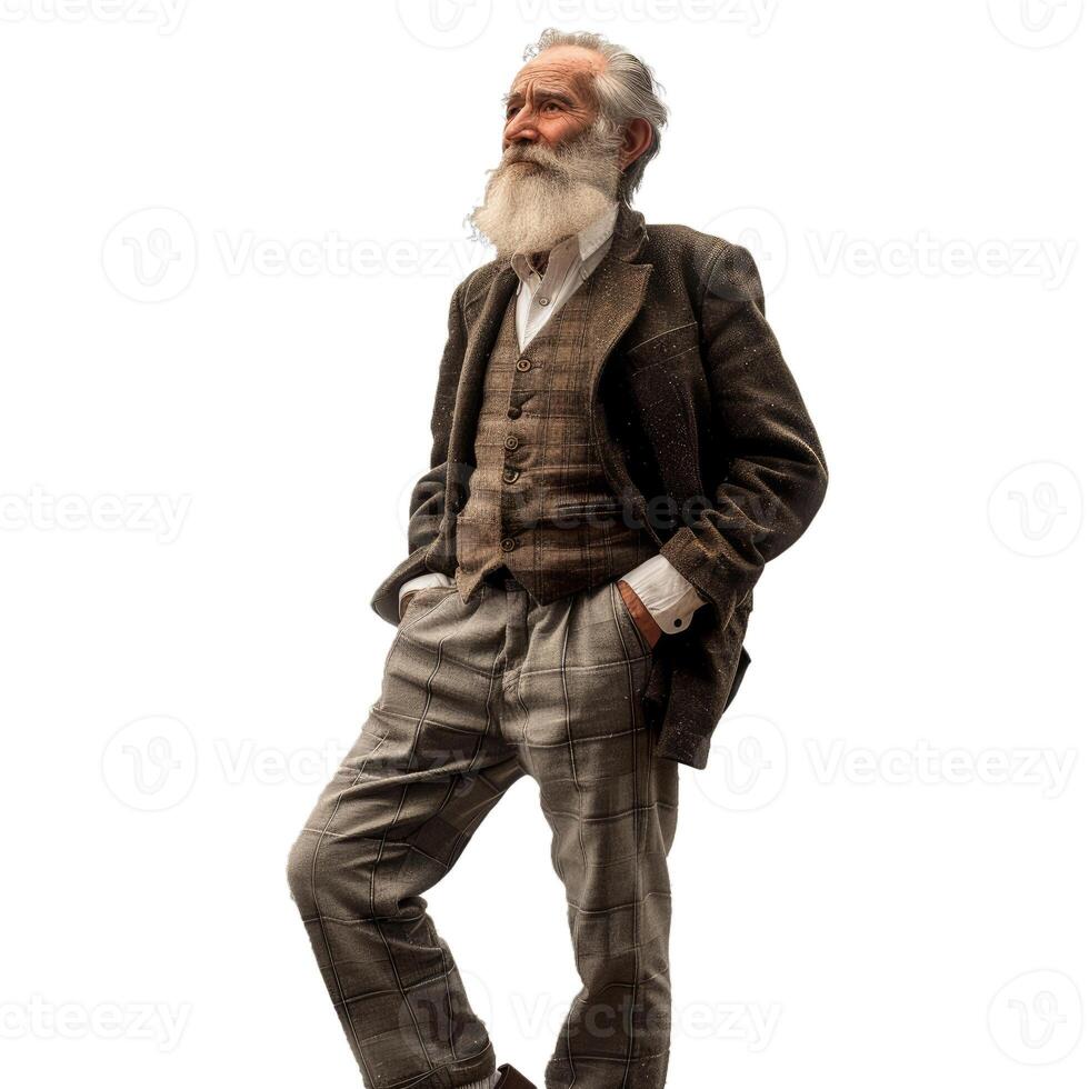 Stylish senior man with long white beard posing with hands in pockets photo