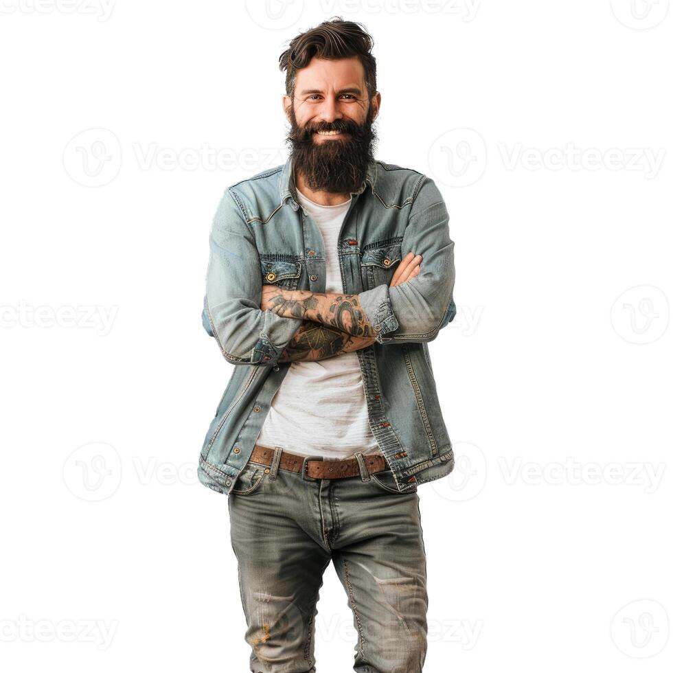 Handsome smiling bearded man with tattooes standing with folded arms photo