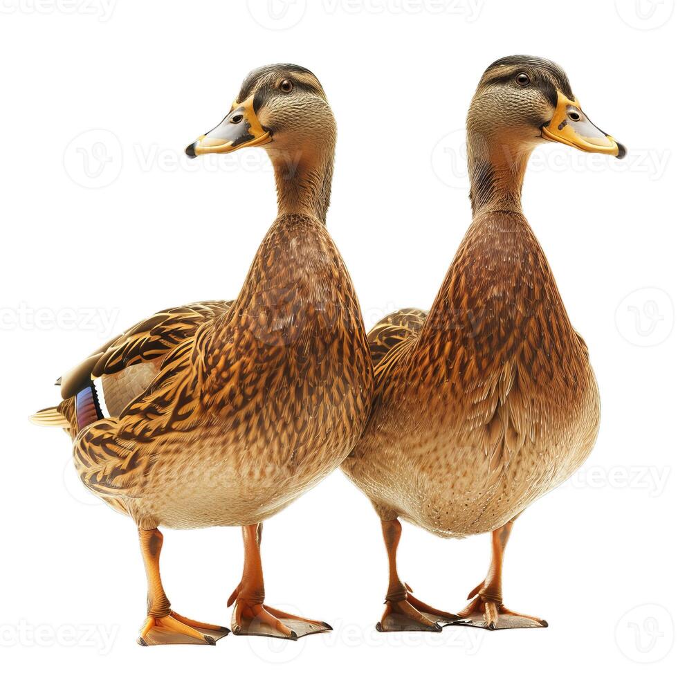 Two brown ducks standing on white background photo