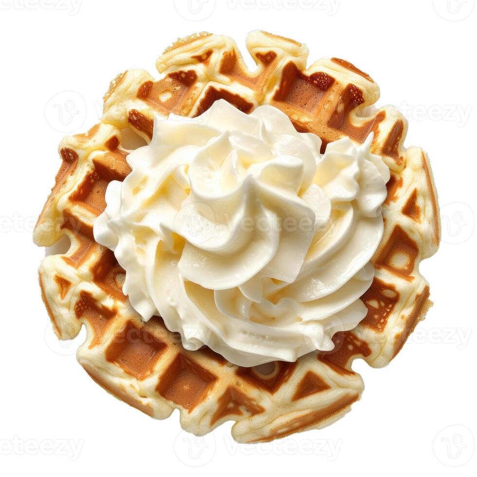 Delicious round waffle lying on whipped cream topping photo