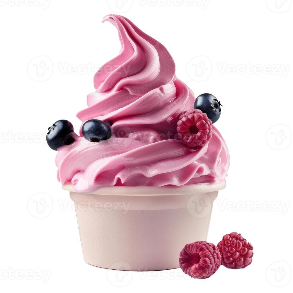 Pink frozen yogurt with blueberries and raspberries in pink paper cup photo