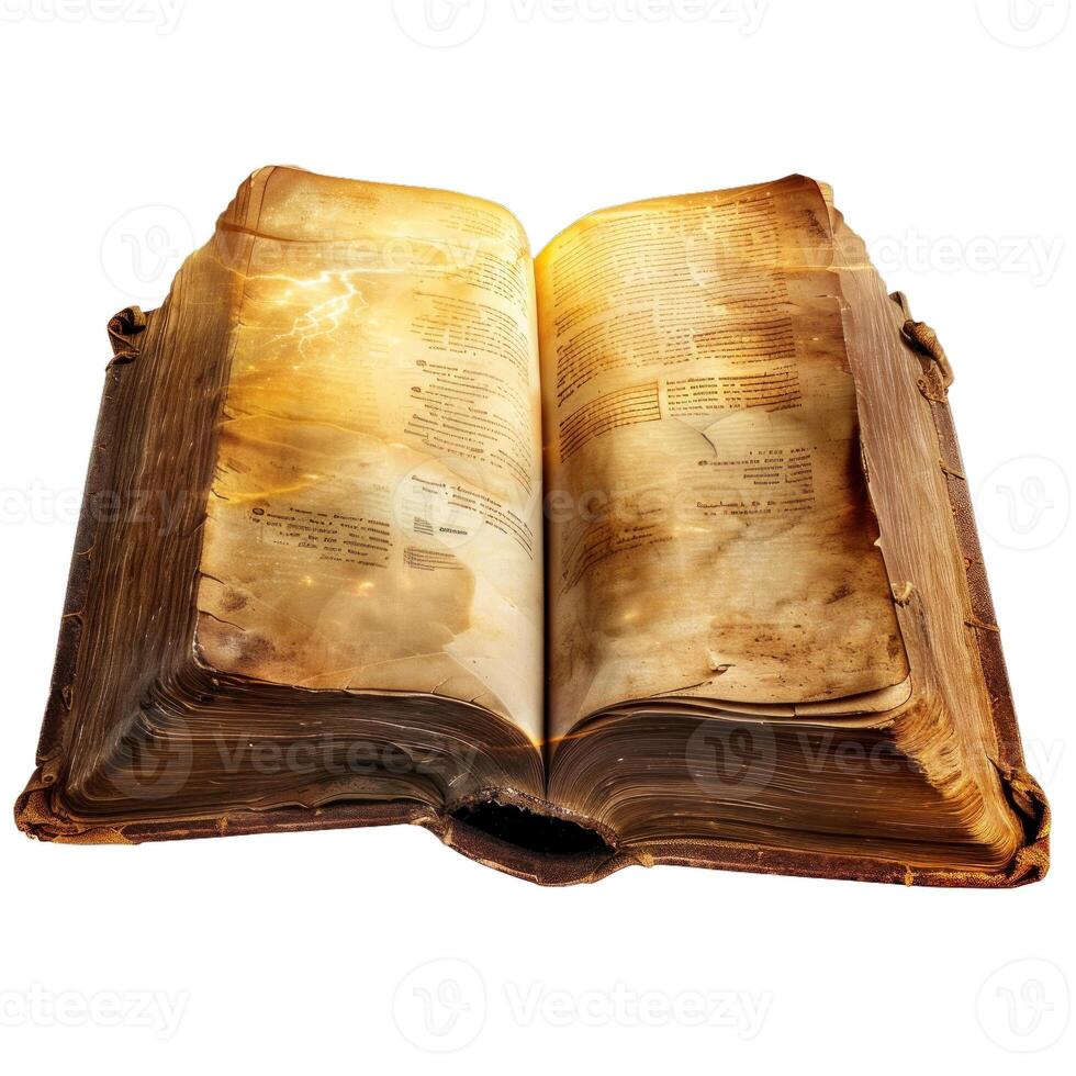 Ancient book glowing with magical power open on white background photo
