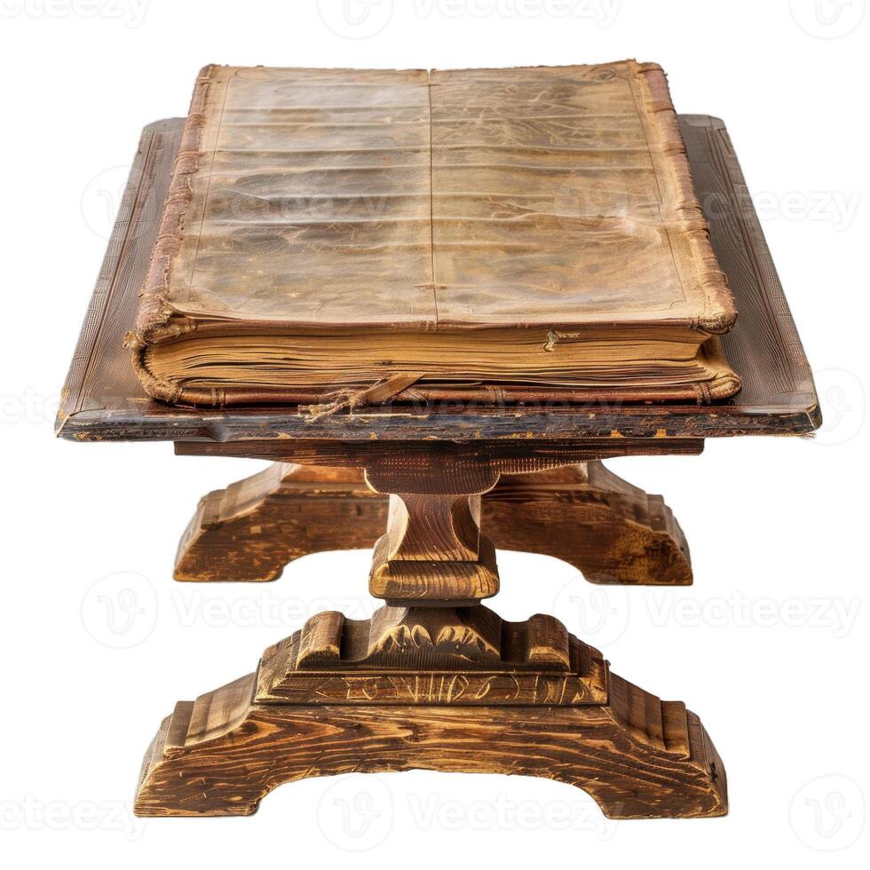 Old worn book resting on antique wooden table isolated on white background photo