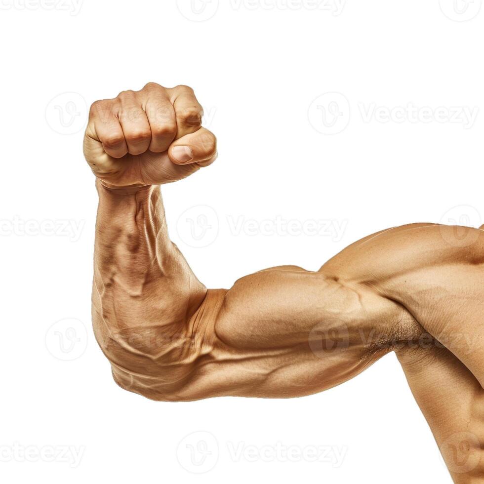 Strong athletic man is showing his biceps and clenching fist photo