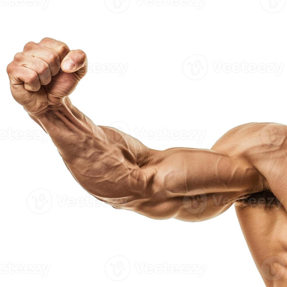Strong athletic man showing biceps and tightly clenched fist photo