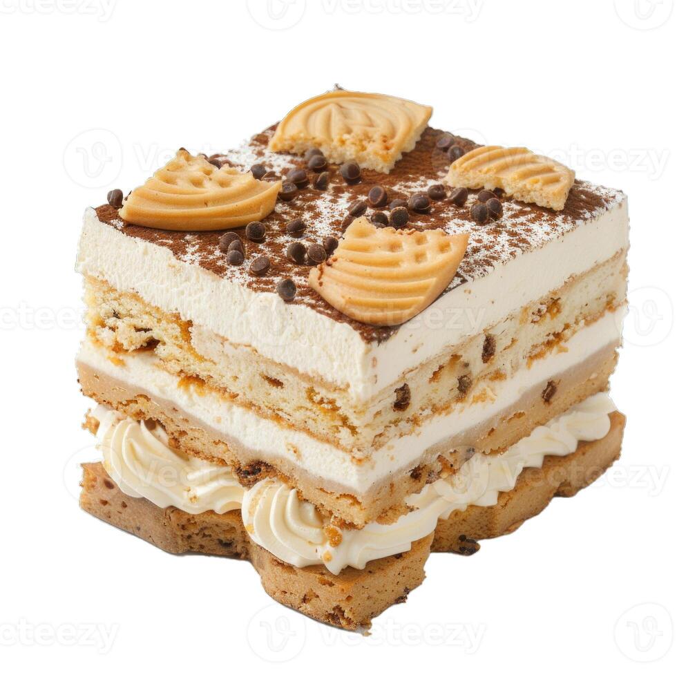 Delicious cake standing on white background decorated with cookies and chocolate chips photo