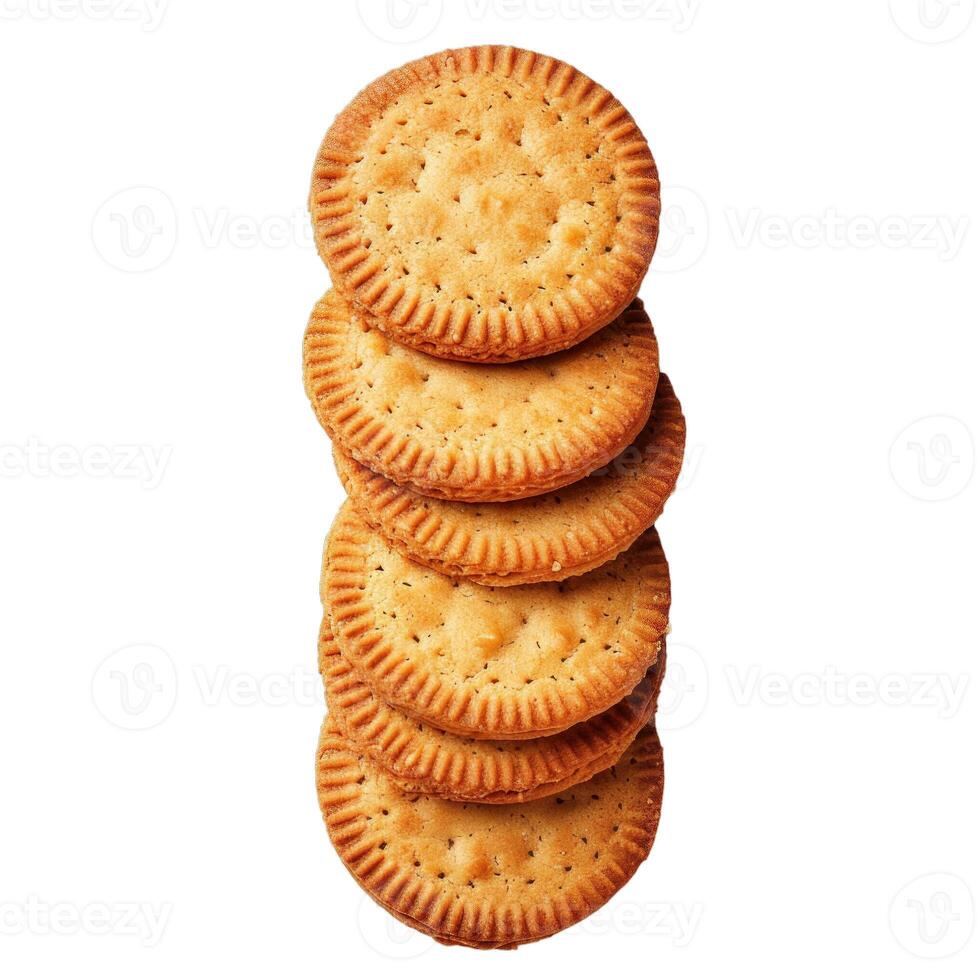 Stack of round crunchy wheat biscuits with filling on white background photo