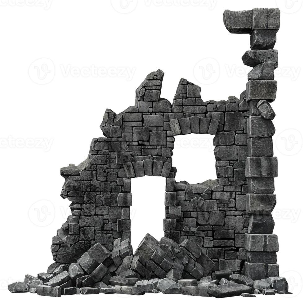 Old stone ruins crumbling down with age isolated on white background photo