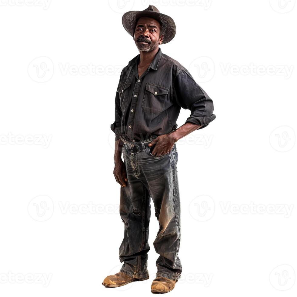 Confident african american farmer wearing cowboy hat and dirty clothes standing posing photo