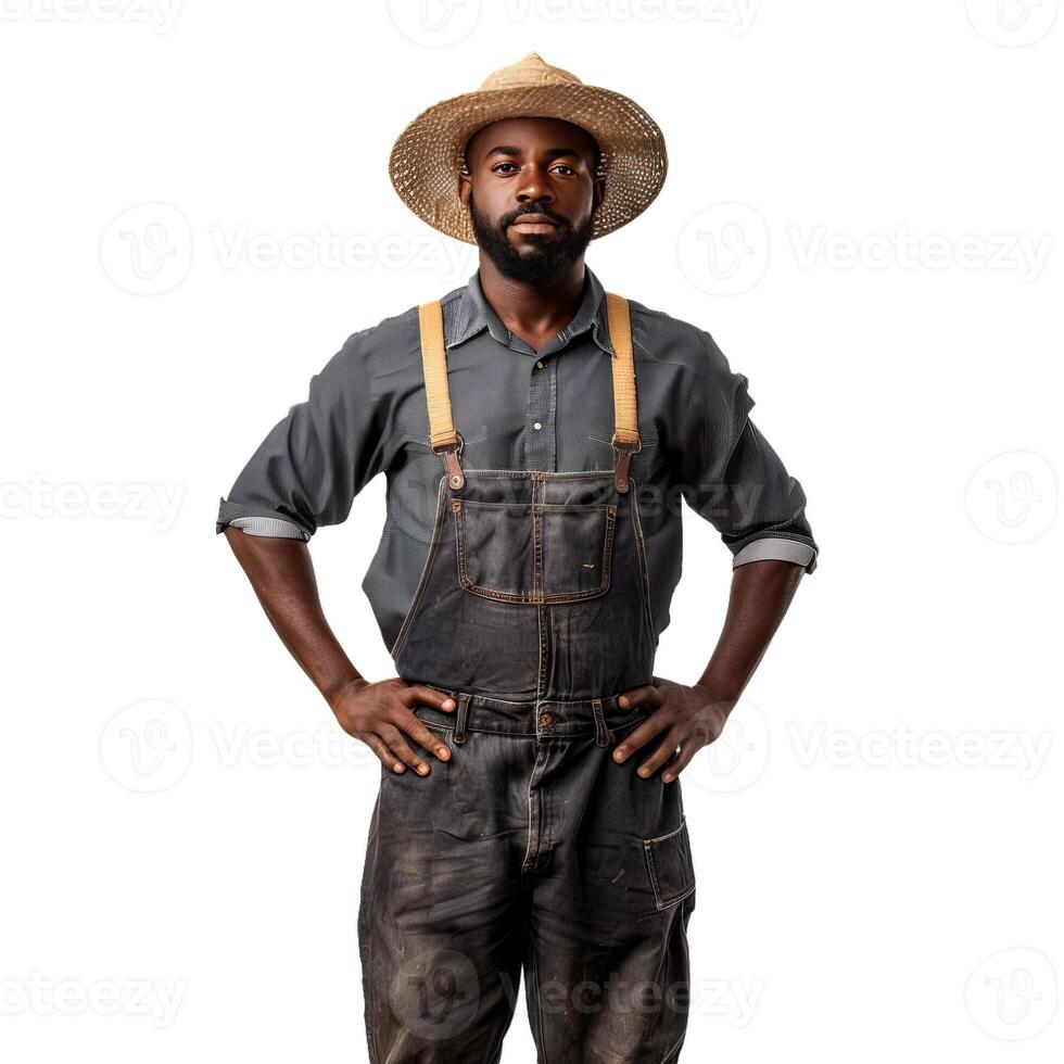 Confident african american farmer posing with hands on hips photo