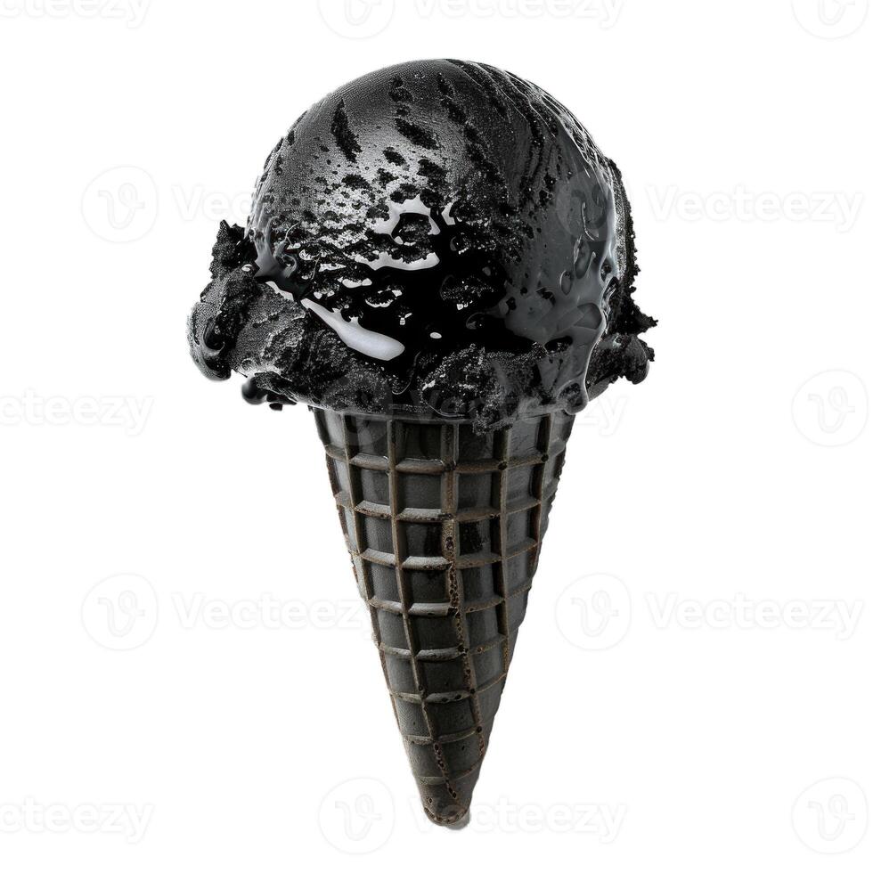 Black ice cream scoop melting on black waffle cone photo