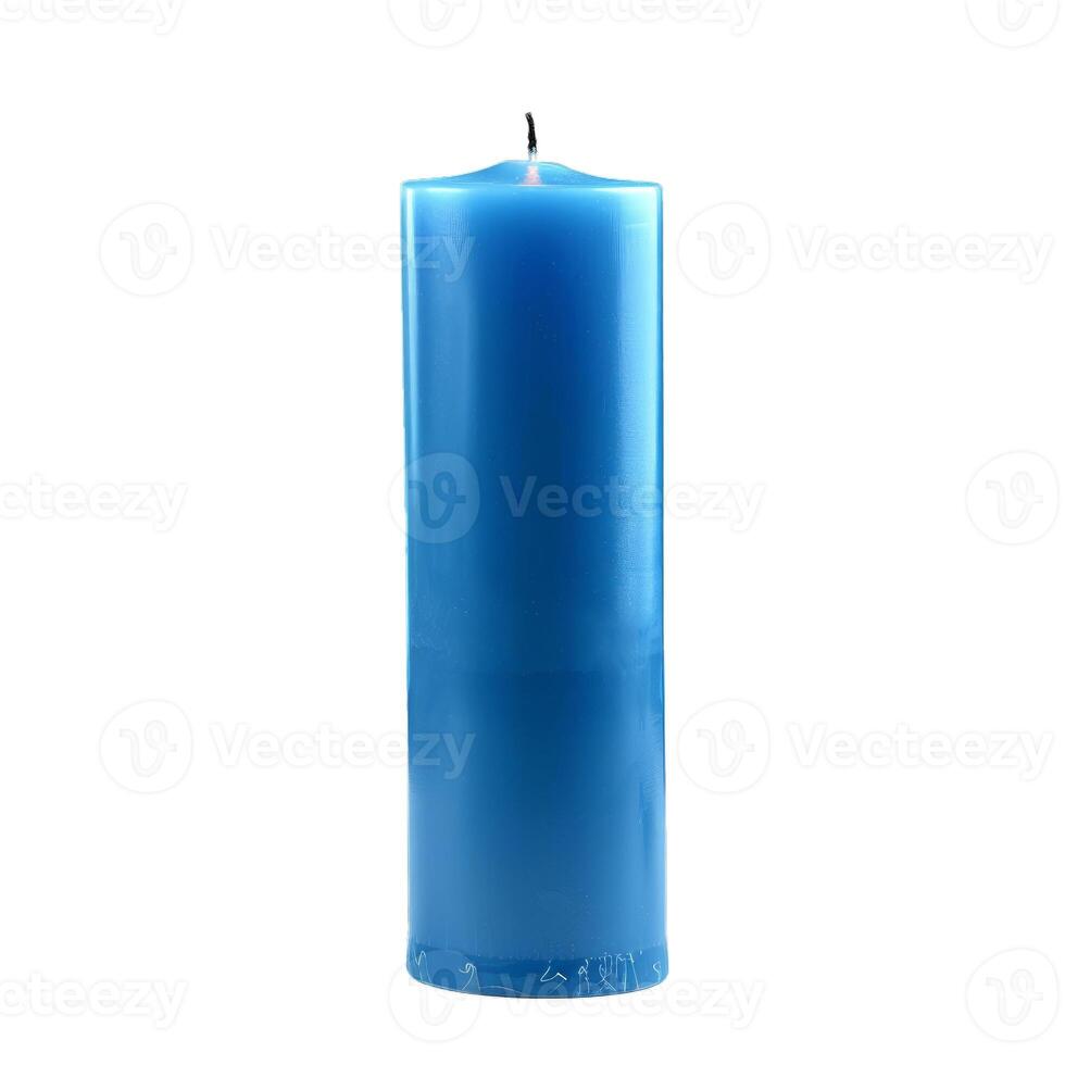 Single blue candle burning with a lit wick on white background photo