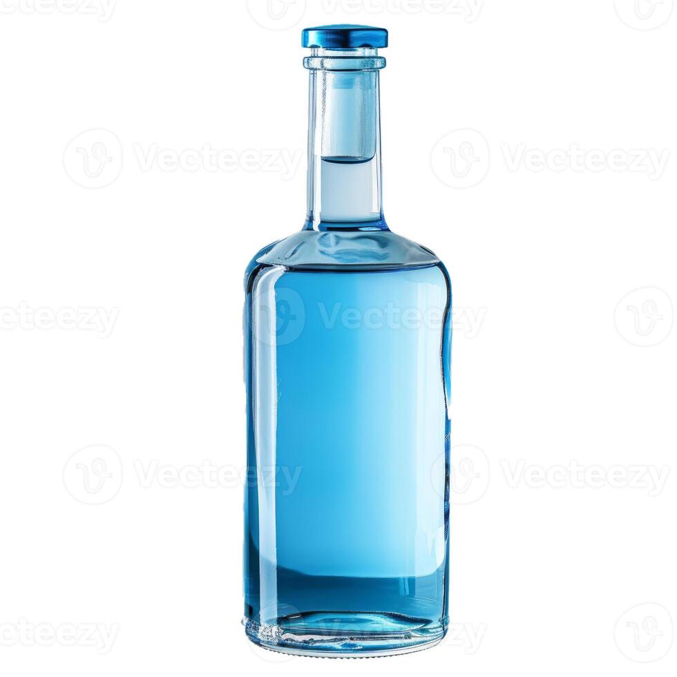 Blue glass bottle full of transparent liquid standing on white background photo