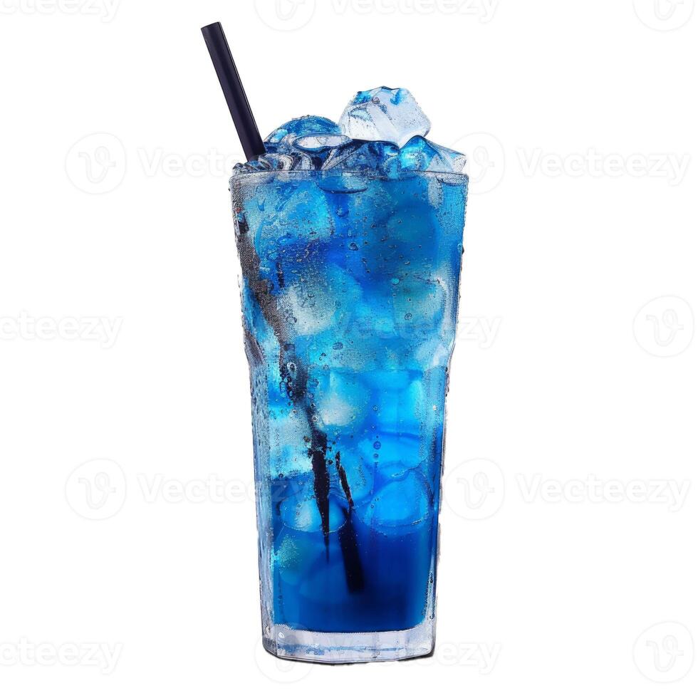 Blue cocktail standing with ice cubes and black straw on white background photo