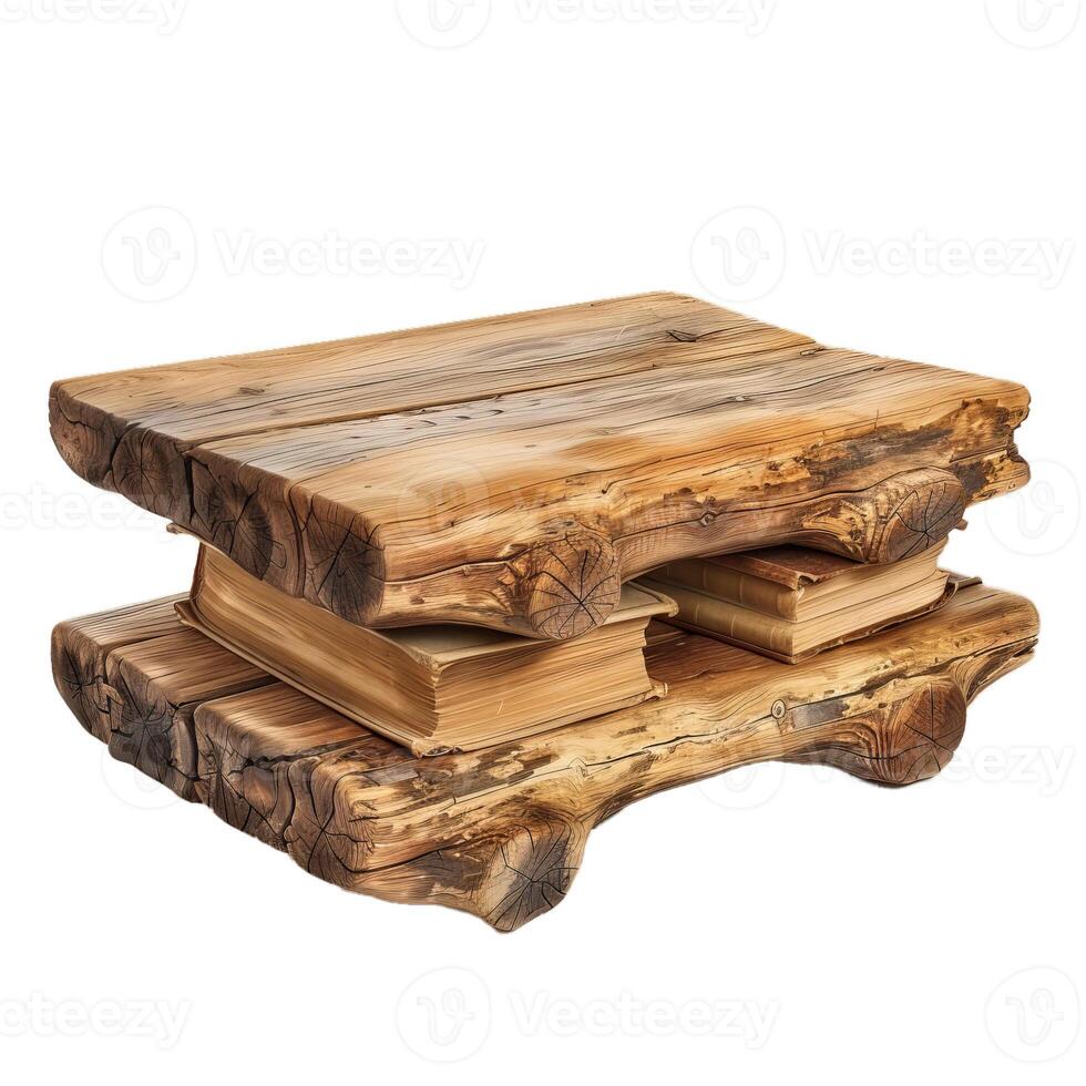 Rustic wooden coffee table holding stack of old books photo