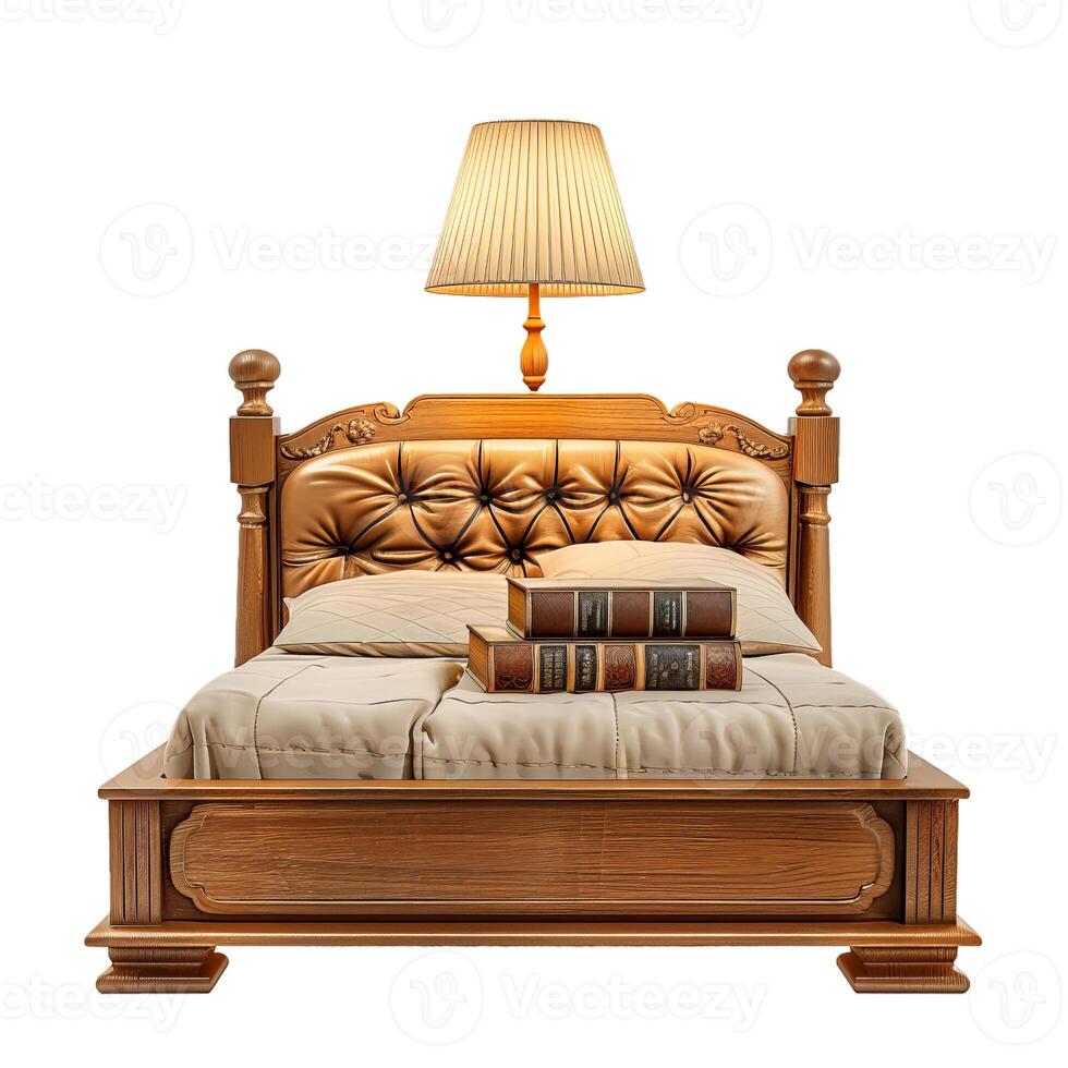 Classic wooden bed with books and lamp illuminating bedroom photo