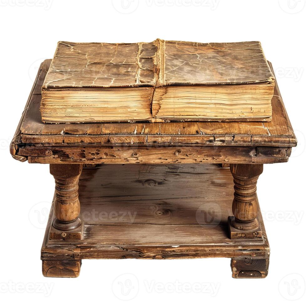 Old distressed book resting on rustic wooden table photo