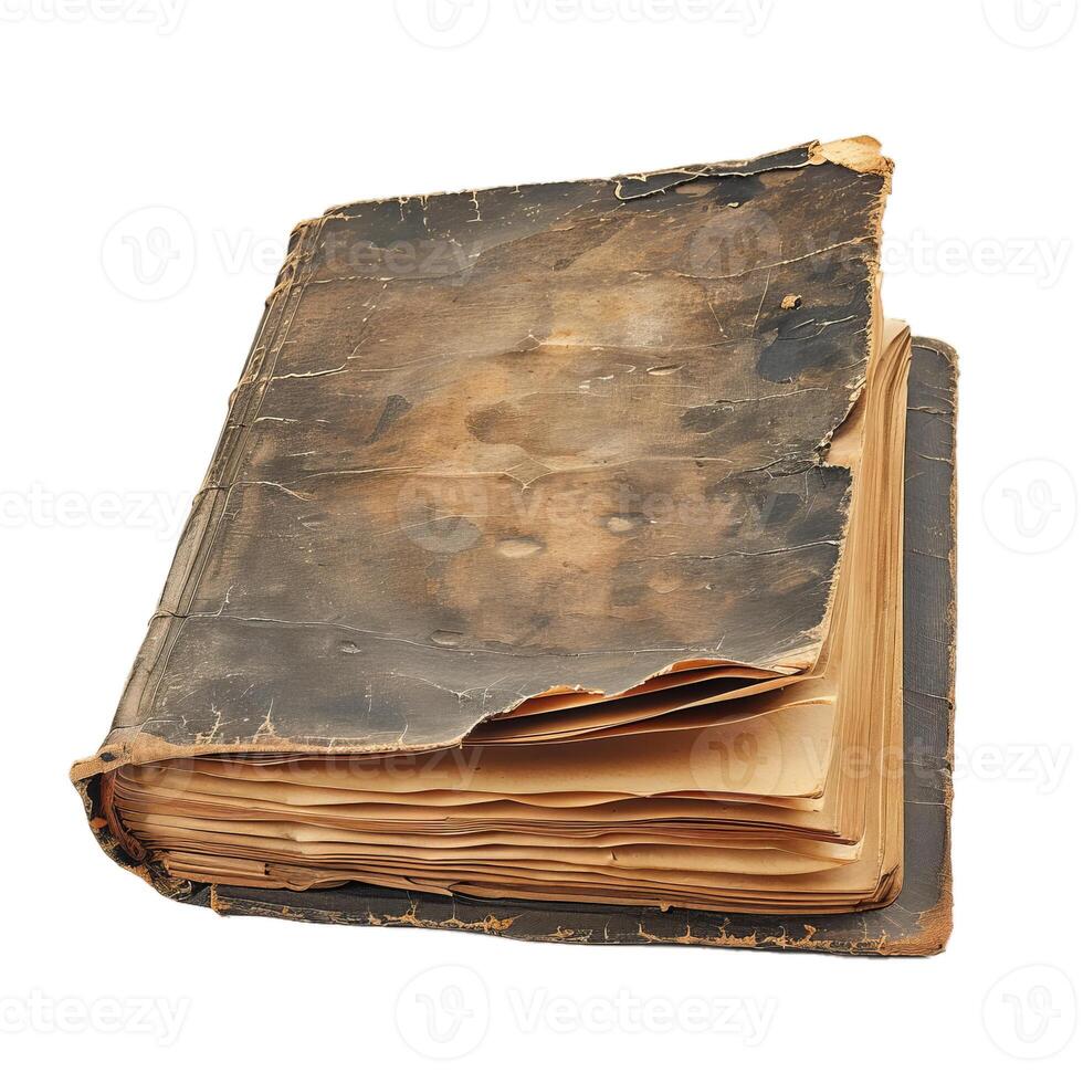 Old distressed book lying open showing aged pages photo