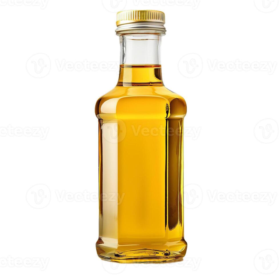 Glass bottle containing fresh extra virgin olive oil photo