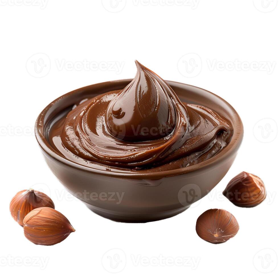 Bowl of chocolate hazelnut spread with hazelnuts around photo