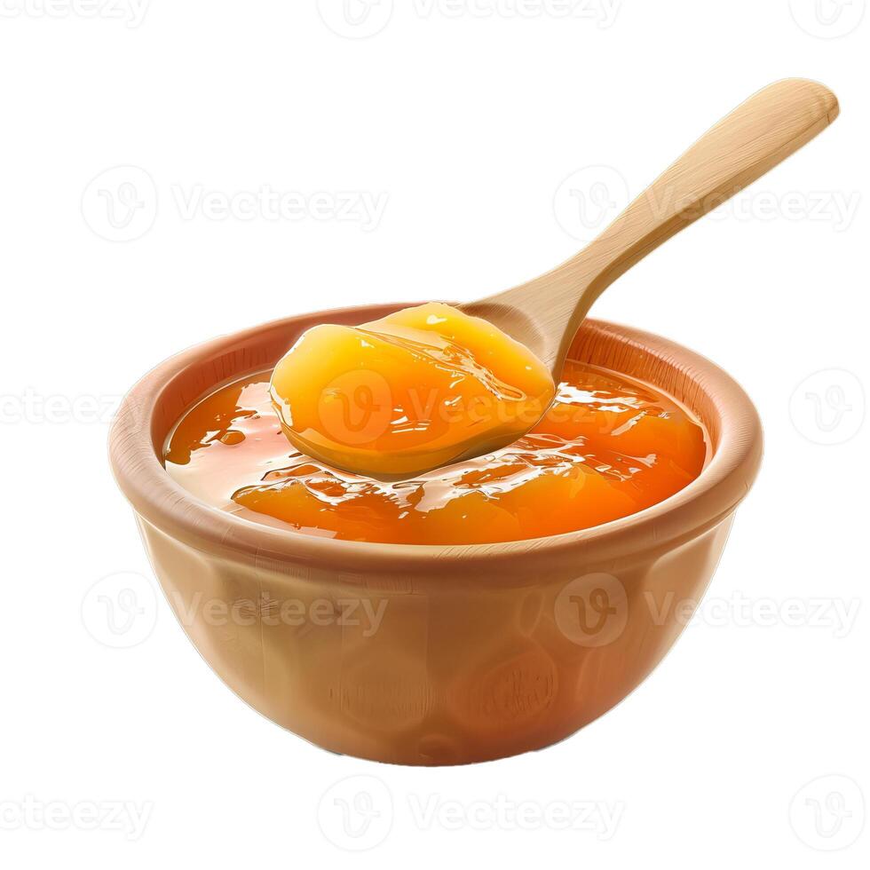 Wooden spoon scooping apricot jam from bowl photo