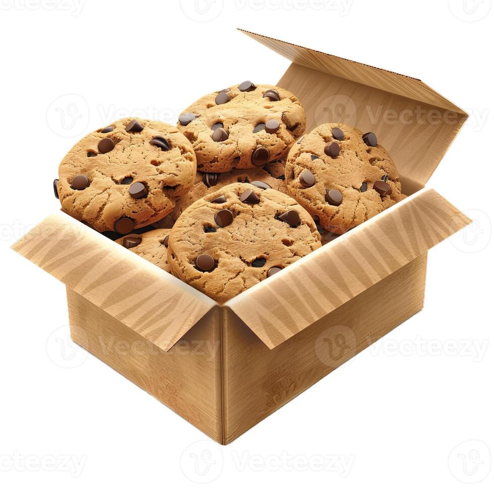 Chocolate chip cookies stacked inside open cardboard box photo
