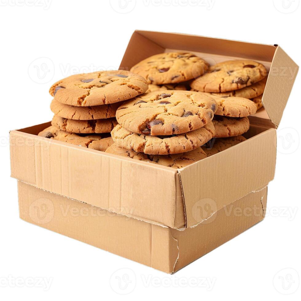 Cardboard box overflowing with delicious chocolate chip cookies photo