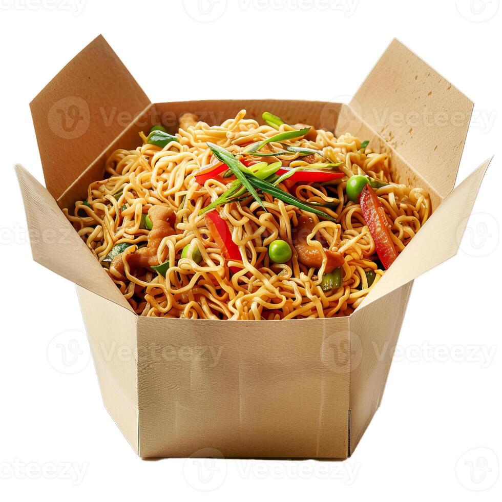 Wok noodles with chicken and vegetables in a cardboard box photo