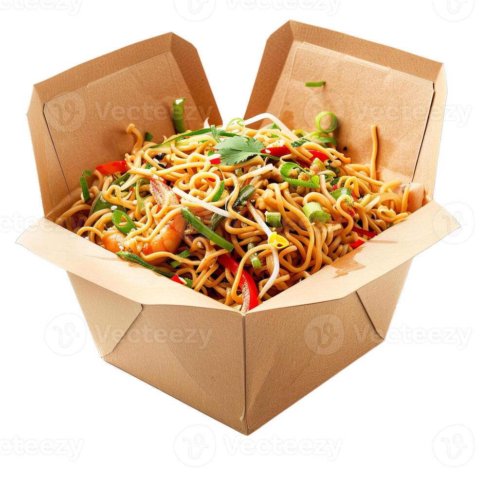 Wok with shrimp and vegetables served in a cardboard box for take away photo