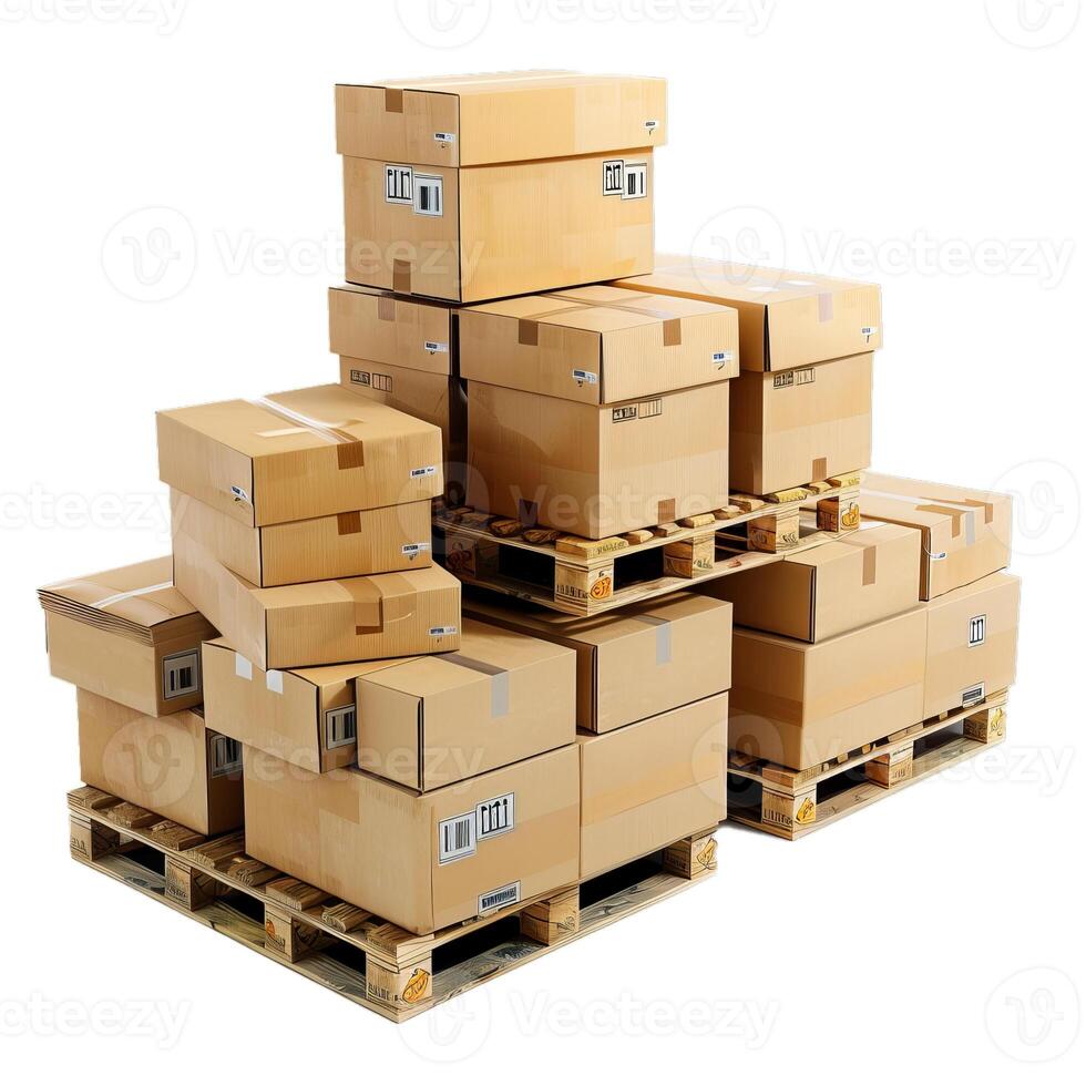 Cardboard boxes sitting on wooden pallets forming a big stack photo