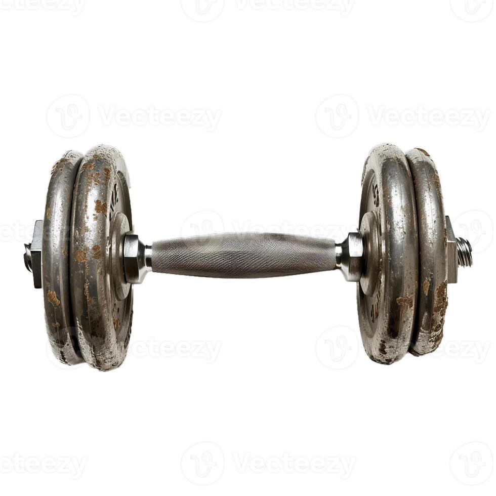 Old weathered dumbbell isolated on white background showing concept of strength training photo