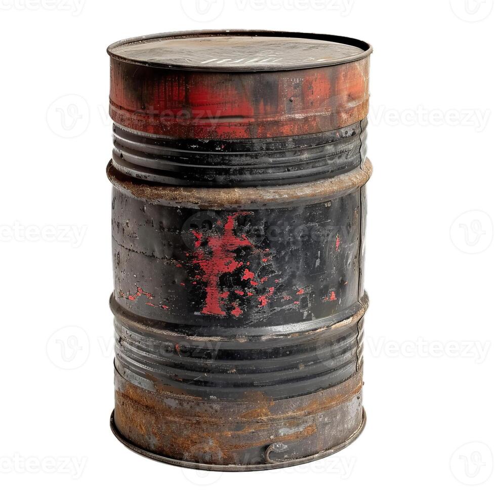 Old rusty metal barrel showing signs of corrosion standing on white background photo