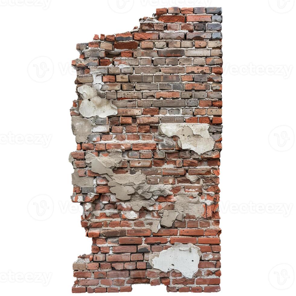 Old damaged brick wall with crumbling plaster showing supporting bricks photo