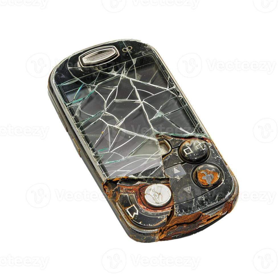 Old broken mobile phone showing destruction and decay photo
