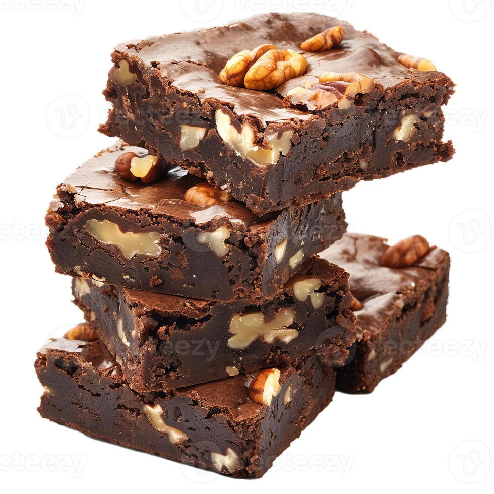 Stack of delicious chocolate brownies topped with pecans and walnuts photo