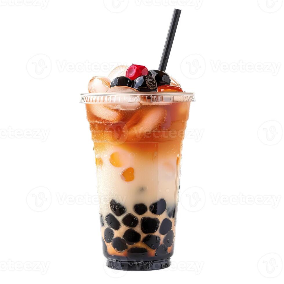 Iced milk bubble tea with tapioca pearls in plastic cup on white background photo