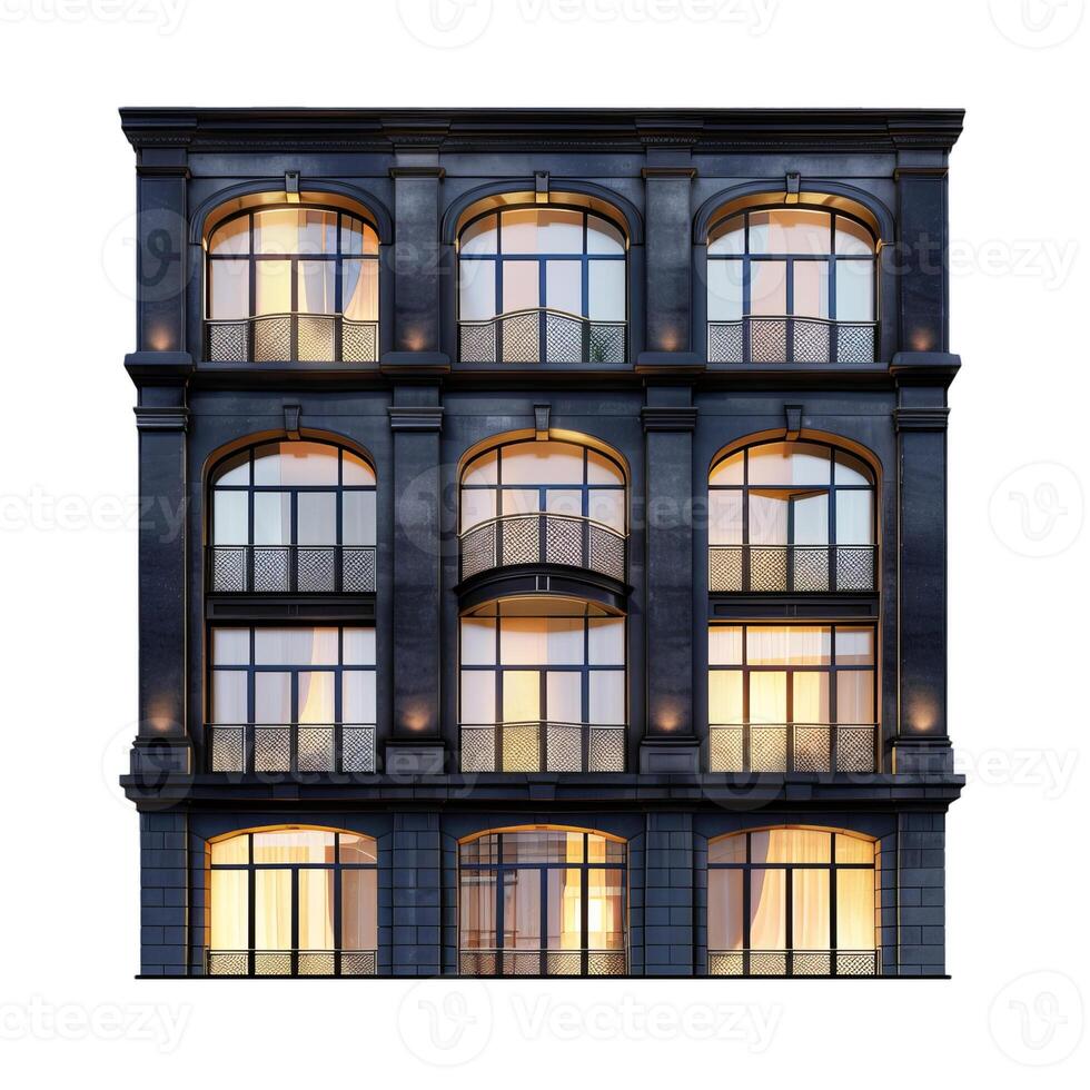 Modern building facade showing illuminated arched windows at dusk photo