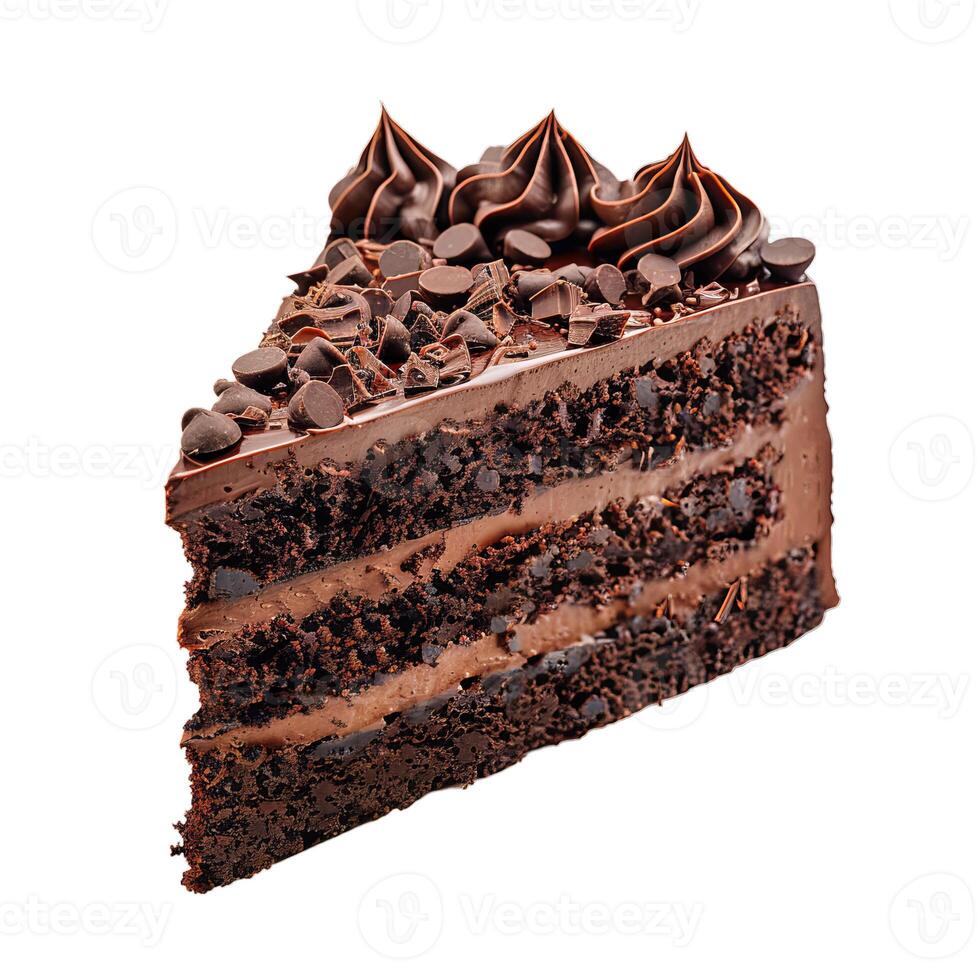 Delicious chocolate cake slice with chocolate chips and frosting on white background photo
