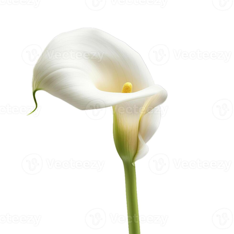 Single white calla lily blooming on white background photo