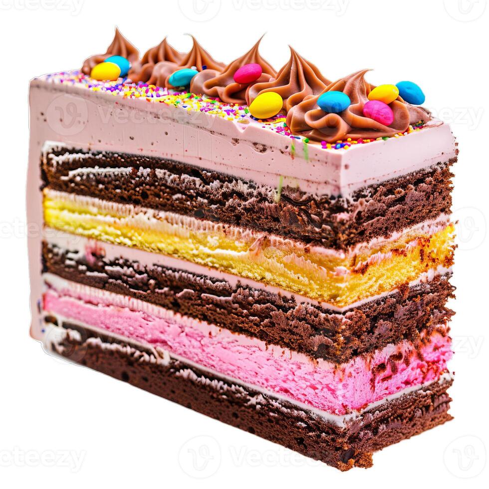 Delicious multicolored layered birthday cake with chocolate frosting showing filling layers photo