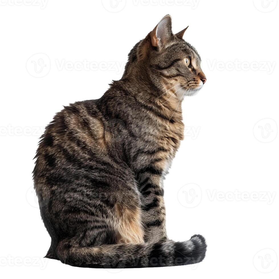 Tabby cat sitting and looking to the side on white background photo
