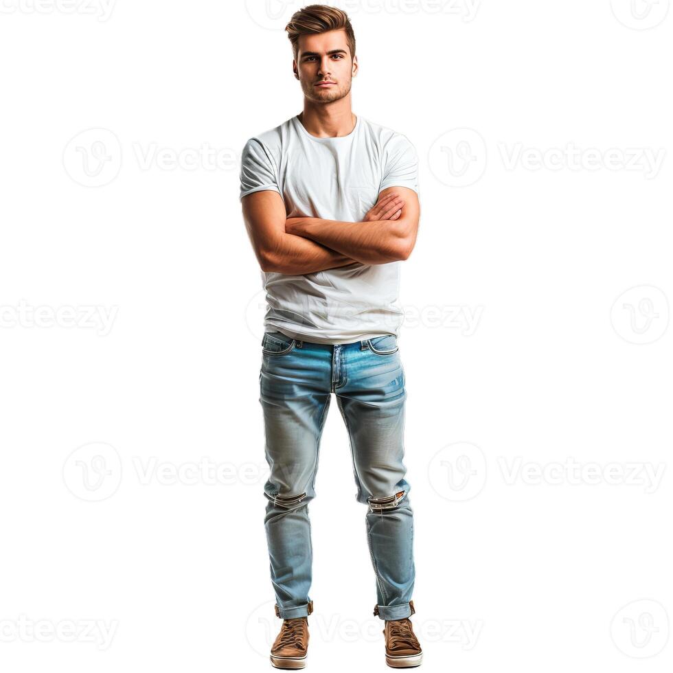 Handsome man standing with arms crossed wearing white t shirt and jeans photo