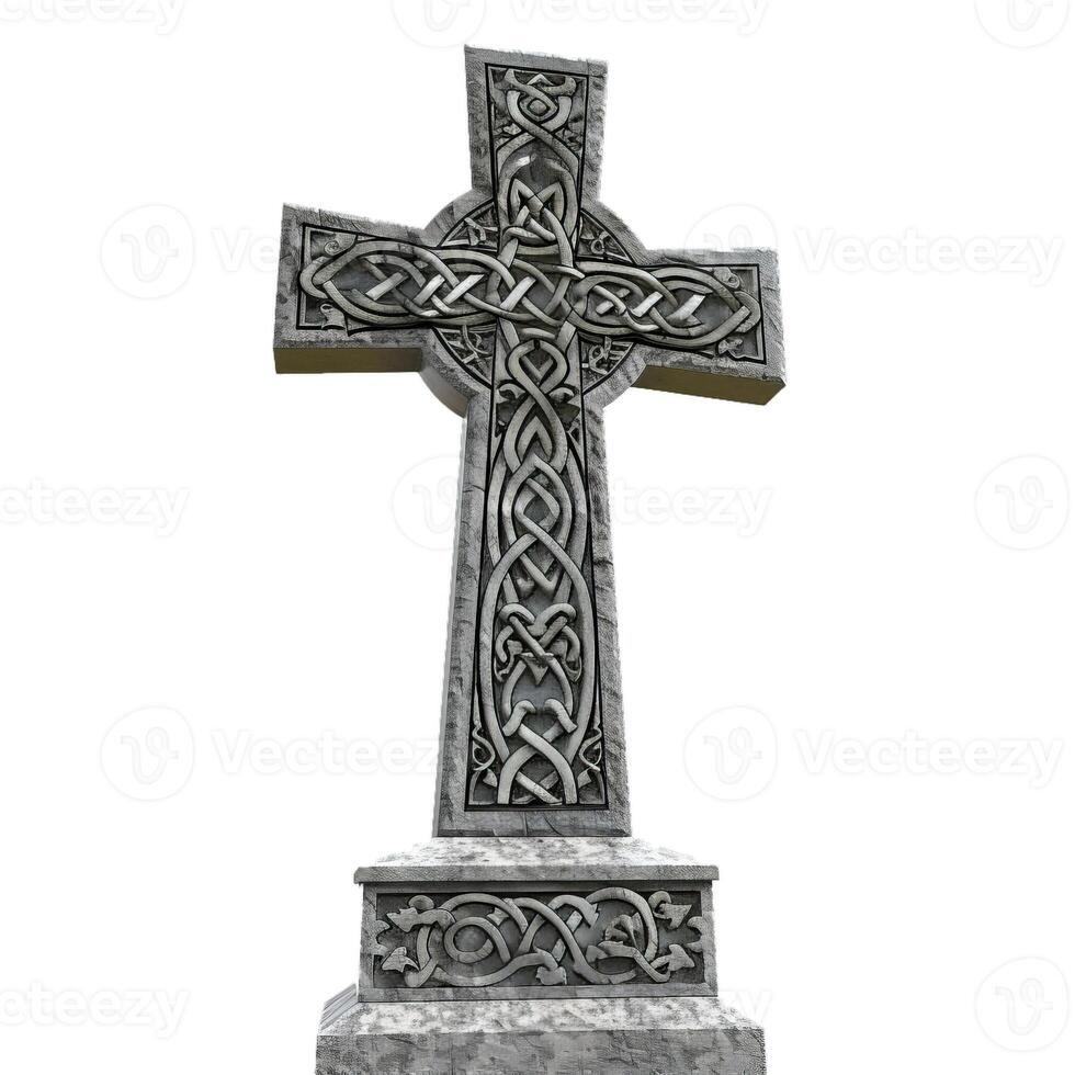 Ancient celtic cross standing up against white background photo