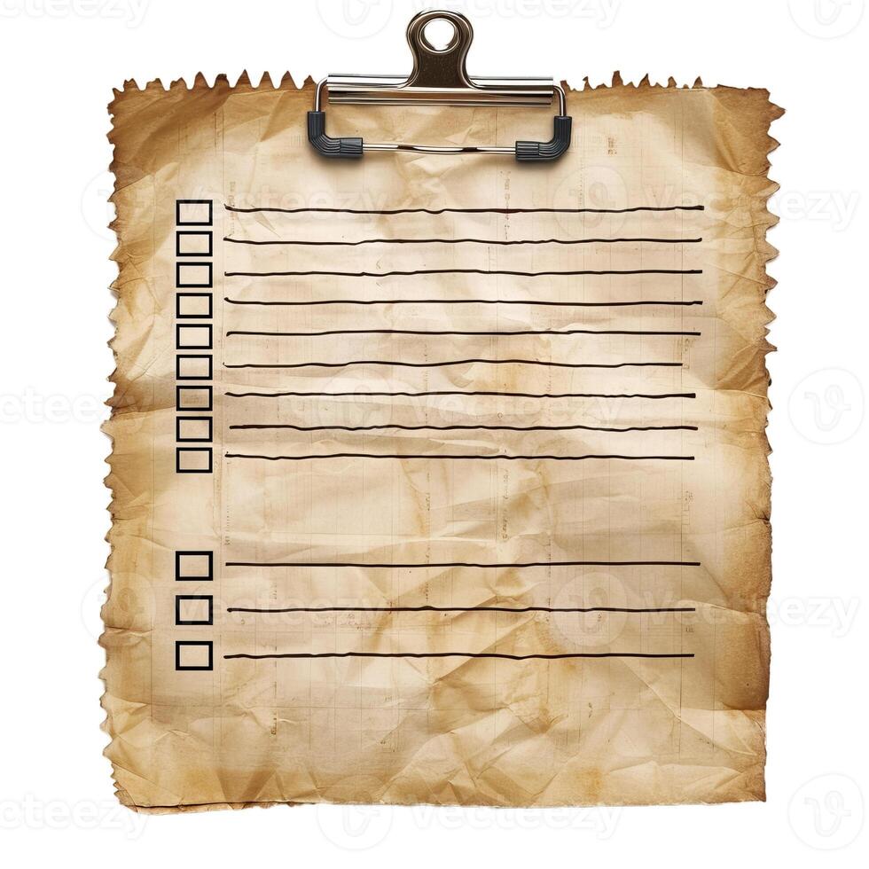 Old checklist hanging on a clipboard with copy space photo