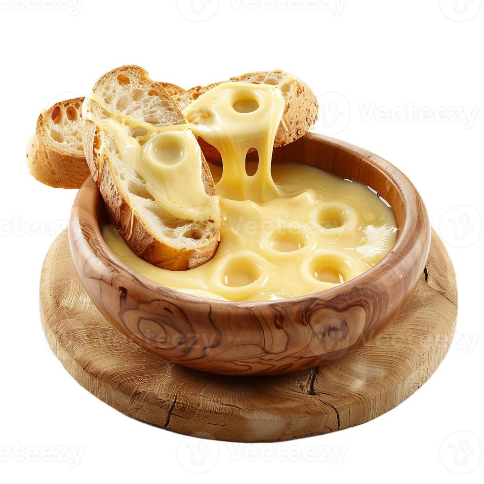 Delicious melted cheese fondue dipping with bread in wooden bowl photo