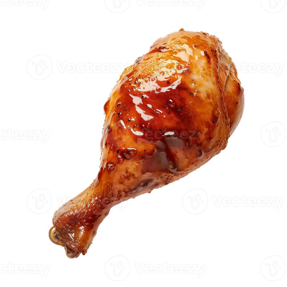 Roasted chicken leg dripping with sauce on white background photo